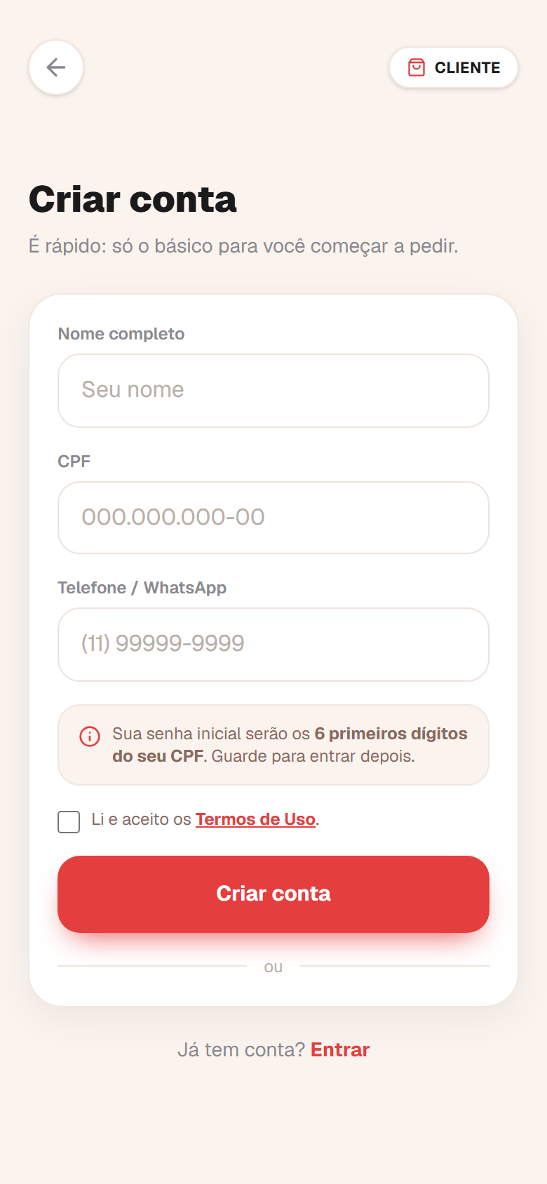 Tela de criar conta do cliente