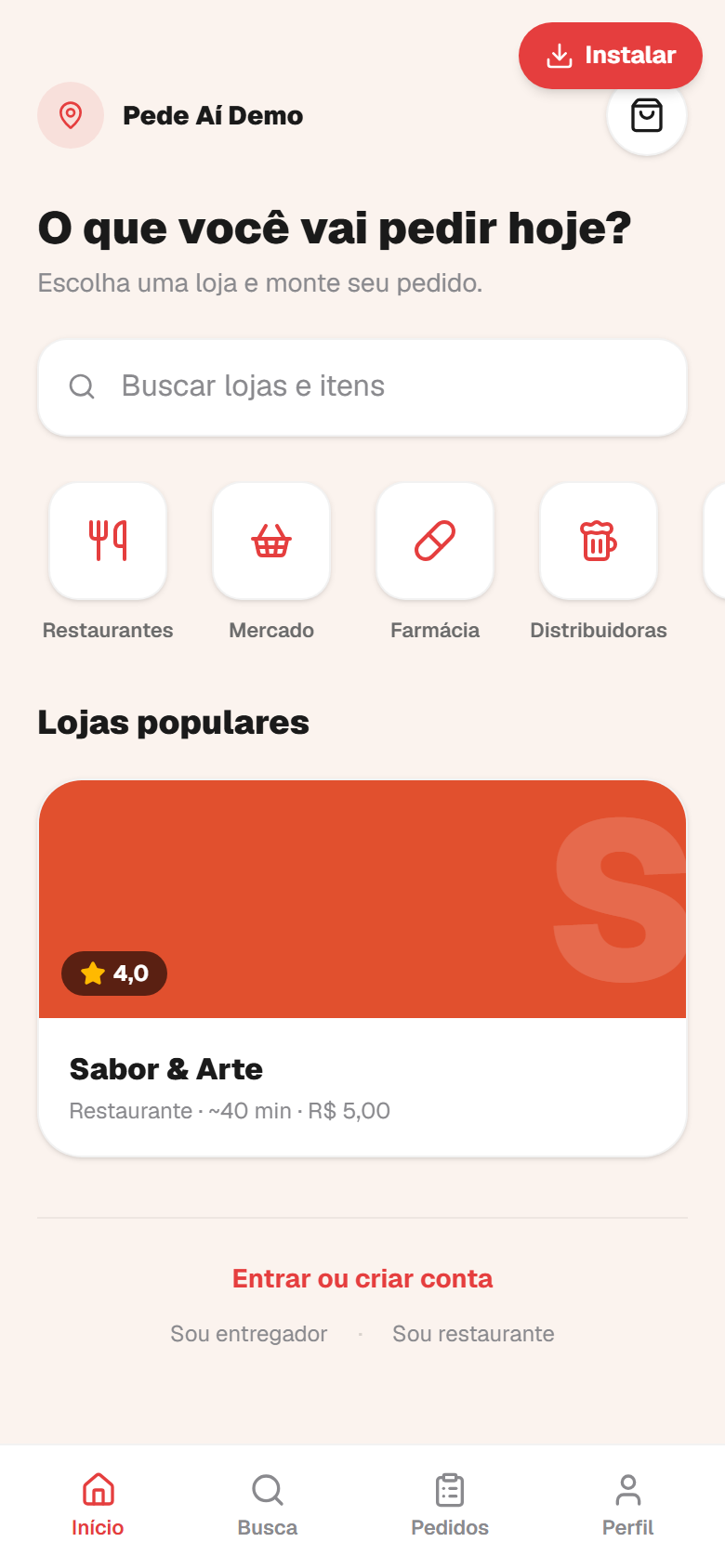 Tela do app de delivery