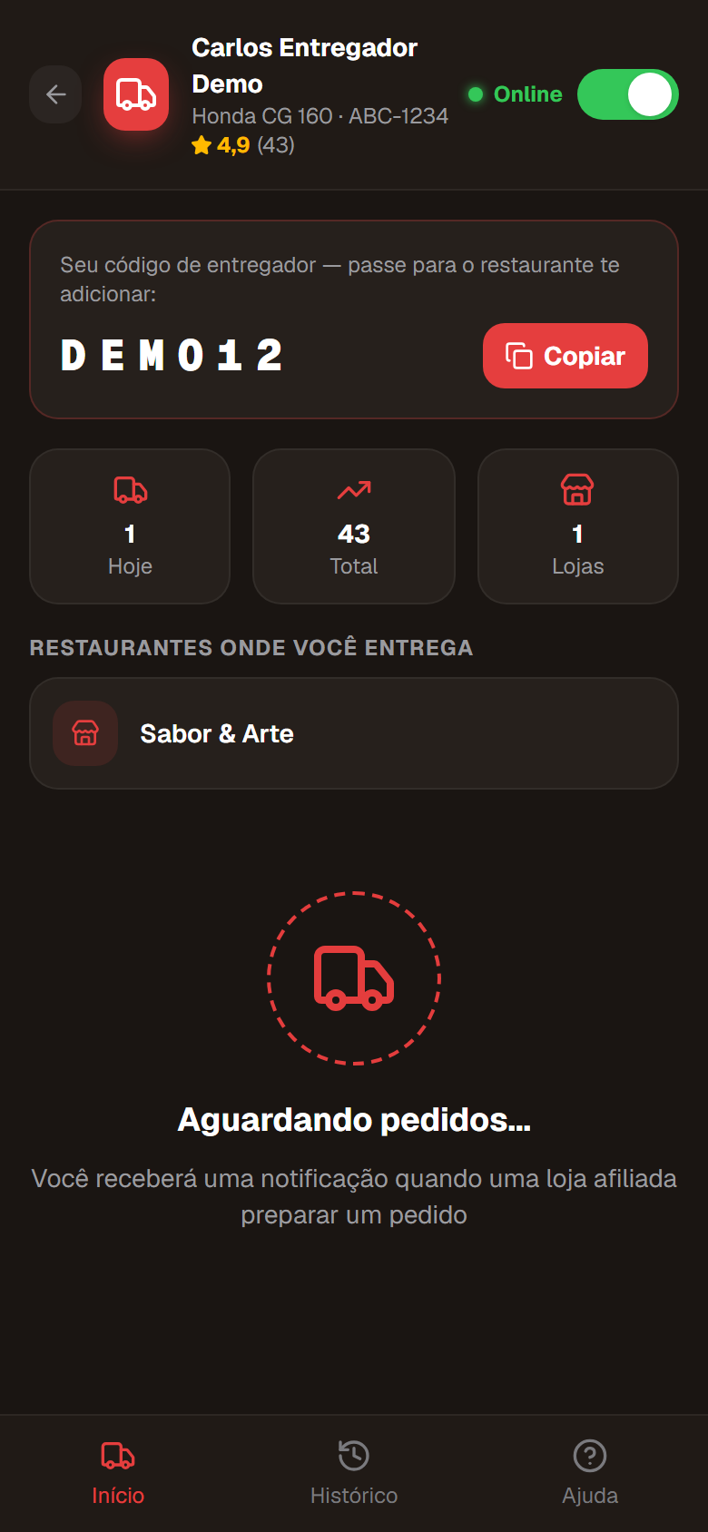 Painel do entregador com pedidos